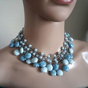 Vintage 50s Kramer New York Blue Marbled Bead Triple Strand Bib Necklace RARE